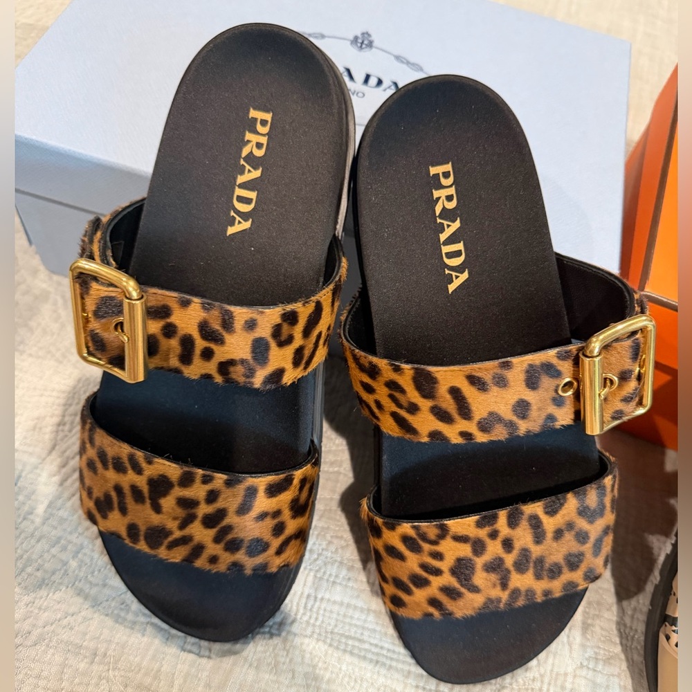 Brand new in box Prada leopard print calf hair sandals NWT
